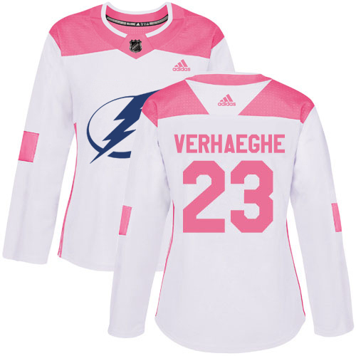 Adidas Tampa Bay Lightning #23 Carter Verhaeghe White Pink Authentic Fashion Women Stitched NHL Jersey